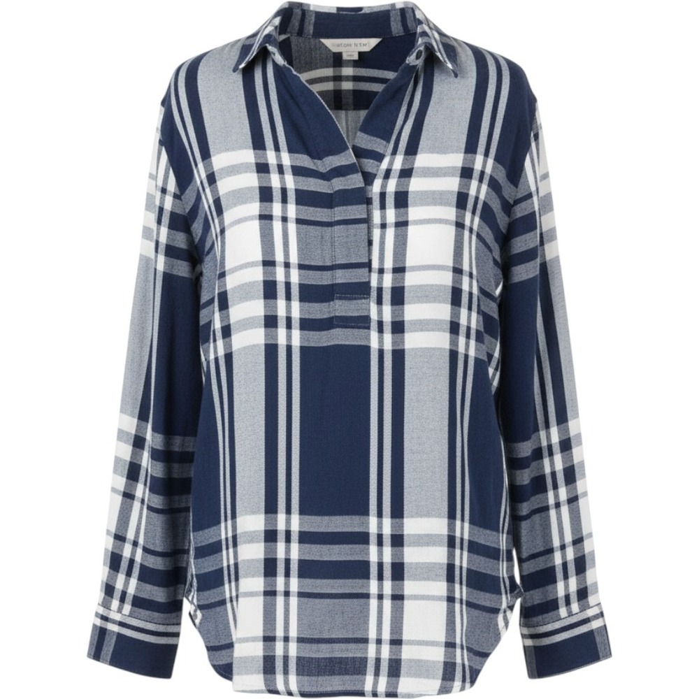 Liz Claiborne Womens Medium Navy Plaid Popover Blouse Long Sleeve Top